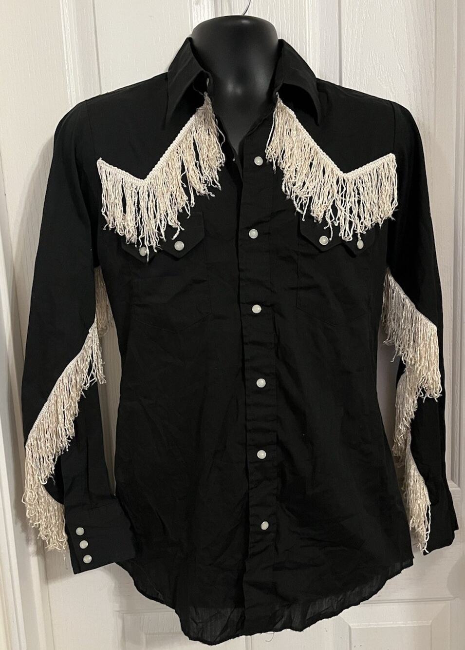 VTG 70s Dee Cee Western Fringe Pearl Snap Shirt Dagger Black Yoke 34 14.5 S/M